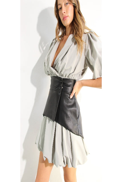 Bubble Mini Leather Belt Dress Set Grey - Black